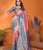 Pink banarasi tissue silk blend saree with weaving work