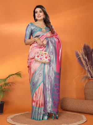 Pink banarasi tissue silk blend saree with weaving work 2