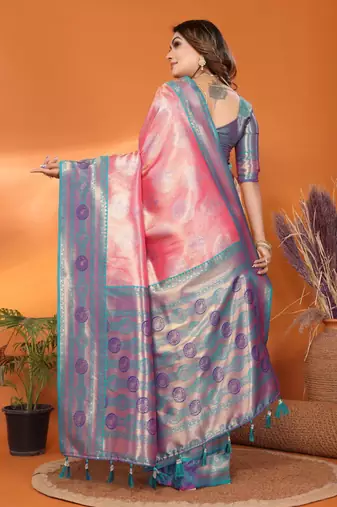 Pink banarasi tissue silk blend saree with weaving work