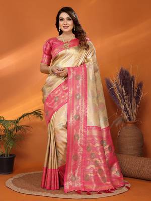 Beige banarasi tissue silk blend saree with weaving work 1