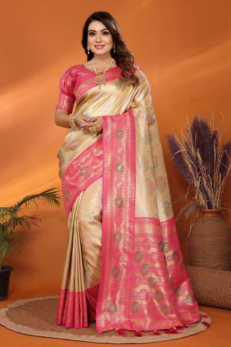 Beige banarasi tissue silk blend saree with weaving work