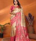 Beige banarasi tissue silk blend saree with weaving work