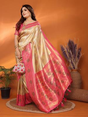 Beige banarasi tissue silk blend saree with weaving work 2