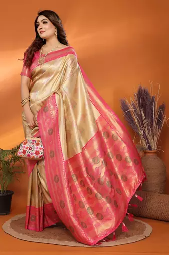 Beige banarasi tissue silk blend saree with weaving work