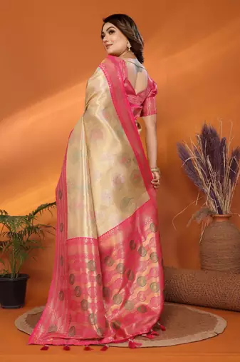 Beige banarasi tissue silk blend saree with weaving work