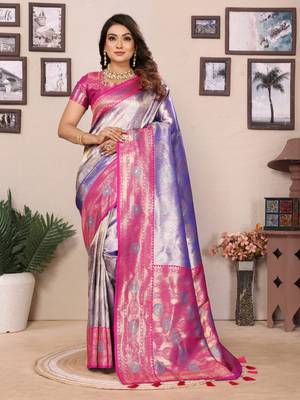 Purple banarasi tissue silk blend saree with weaving work 1