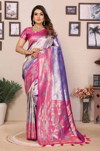 Purple banarasi tissue silk blend saree with weaving work