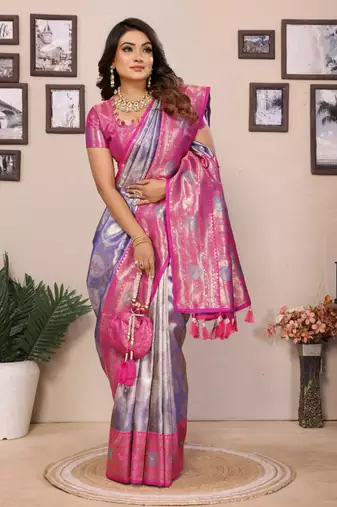 Purple banarasi tissue silk blend saree with weaving work
