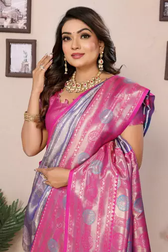 Purple banarasi tissue silk blend saree with weaving work