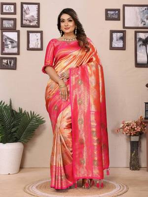 Orange banarasi tissue silk blend saree with weaving work 1
