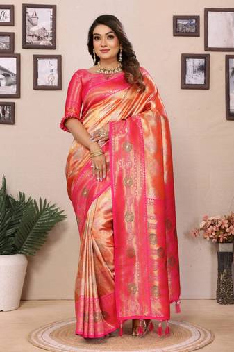 Orange banarasi tissue silk blend saree with weaving work