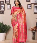Orange banarasi tissue silk blend saree with weaving work