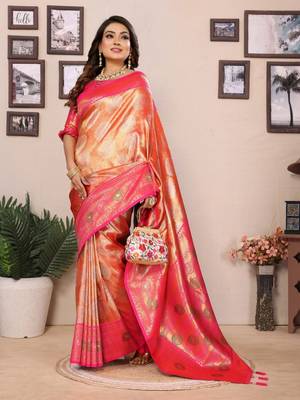 Orange banarasi tissue silk blend saree with weaving work 2