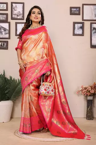 Orange banarasi tissue silk blend saree with weaving work
