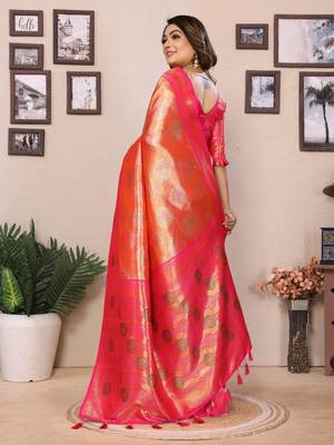 Orange banarasi tissue silk blend saree with weaving work 4