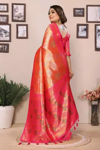 Orange banarasi tissue silk blend saree with weaving work