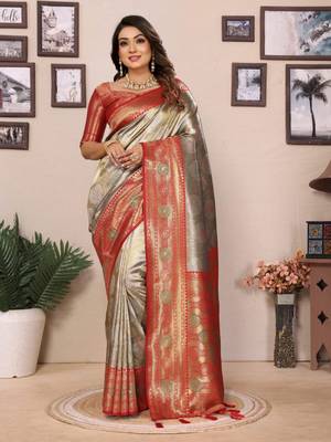 Sea green banarasi tissue silk blend saree with weaving work 1