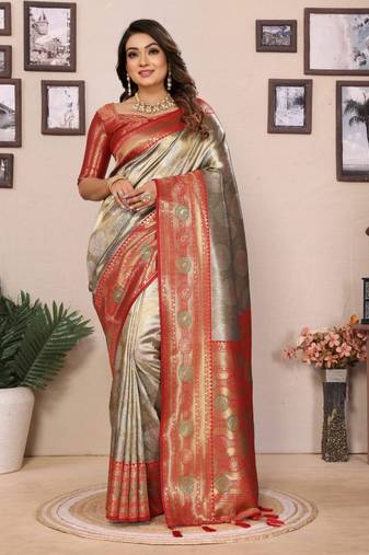 Sea green banarasi tissue silk blend saree with weaving work