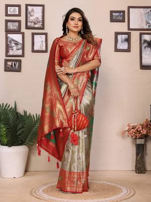 Sea green banarasi tissue silk blend saree with weaving work 2