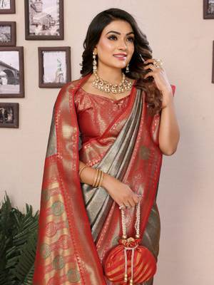 Sea green banarasi tissue silk blend saree with weaving work 3