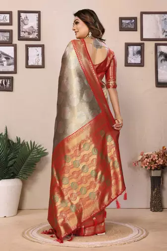 Sea green banarasi tissue silk blend saree with weaving work