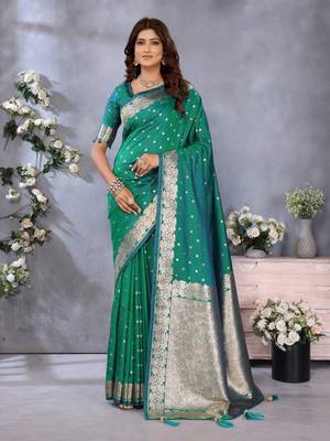 Green banarasi tissue silk blend saree with gala weaving work 1
