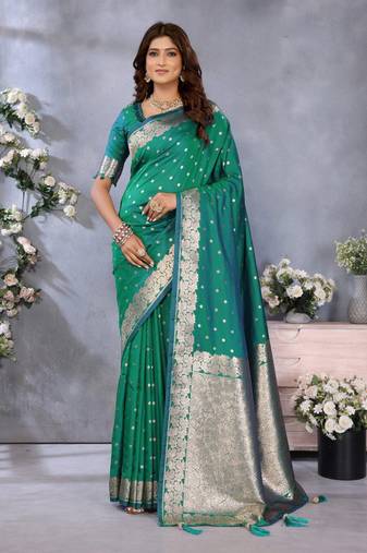 Green banarasi tissue silk blend saree with gala weaving work