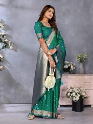 Green banarasi tissue silk blend saree with gala weaving work 2