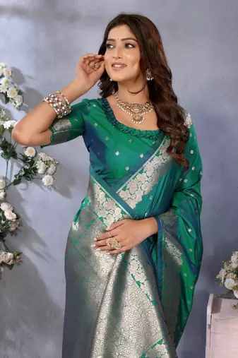 Green banarasi tissue silk blend saree with gala weaving work