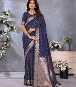 Dark navy blue banarasi tissue silk blend saree with gala weaving work