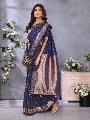 Dark navy blue banarasi tissue silk blend saree with gala weaving work 2