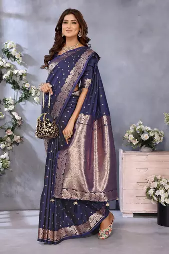 Dark navy blue banarasi tissue silk blend saree with gala weaving work