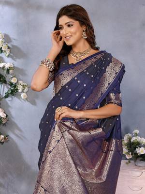 Dark navy blue banarasi tissue silk blend saree with gala weaving work 3