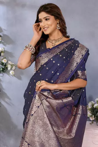 Dark navy blue banarasi tissue silk blend saree with gala weaving work