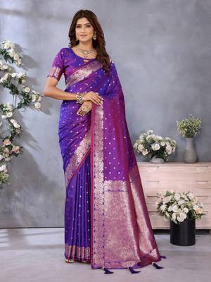 Purple banarasi tissue silk blend saree with gala weaving work 1