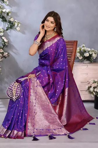 Purple banarasi tissue silk blend saree with gala weaving work