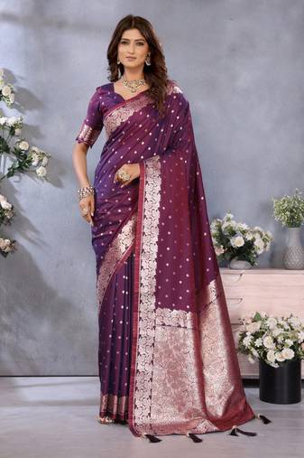 Maroon banarasi tissue silk blend saree with gala weaving work