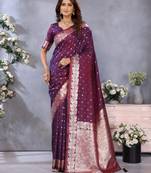 Maroon banarasi tissue silk blend saree with gala weaving work
