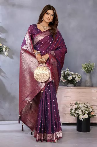 Maroon banarasi tissue silk blend saree with gala weaving work
