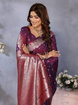 Maroon banarasi tissue silk blend saree with gala weaving work 3