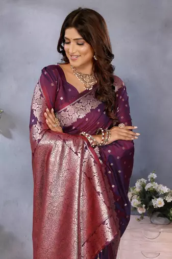 Maroon banarasi tissue silk blend saree with gala weaving work
