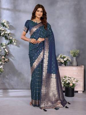Teal banarasi tissue silk blend saree with gala weaving work 1