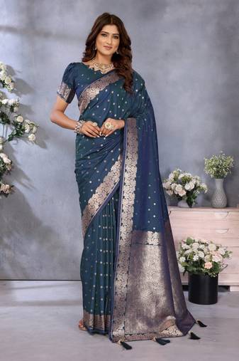 Teal banarasi tissue silk blend saree with gala weaving work