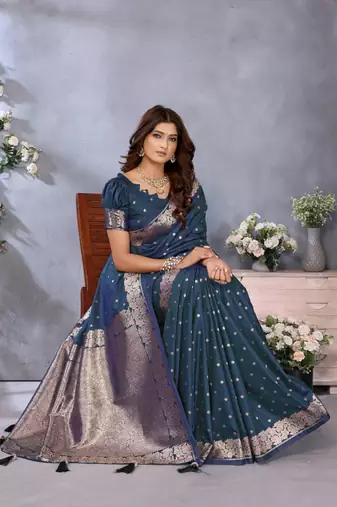 Teal banarasi tissue silk blend saree with gala weaving work