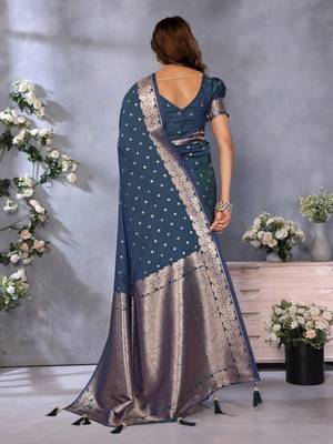Teal banarasi tissue silk blend saree with gala weaving work 4