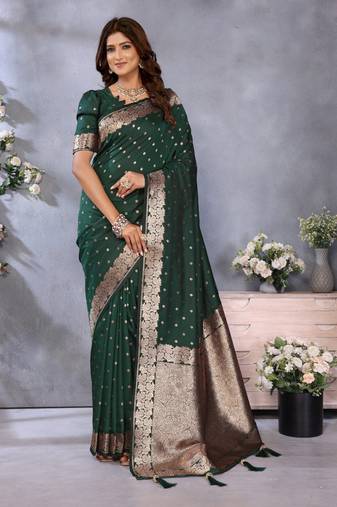 Dark green banarasi tissue silk blend saree with gala weaving work