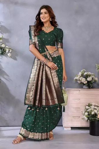 Dark green banarasi tissue silk blend saree with gala weaving work