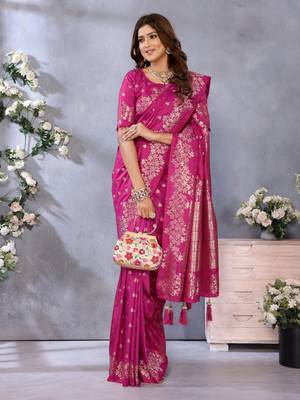 Rani pink banarasi tissue silk blend saree with gala weaving work 2