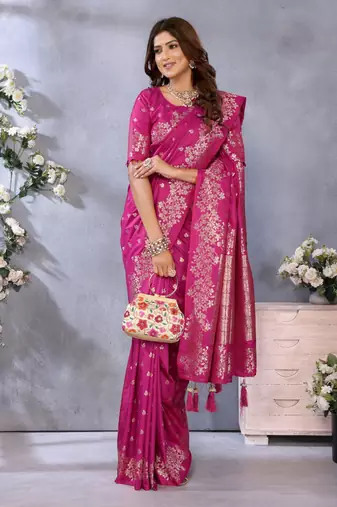 Rani pink banarasi tissue silk blend saree with gala weaving work