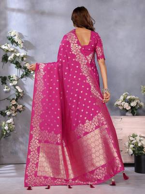 Rani pink banarasi tissue silk blend saree with gala weaving work 4